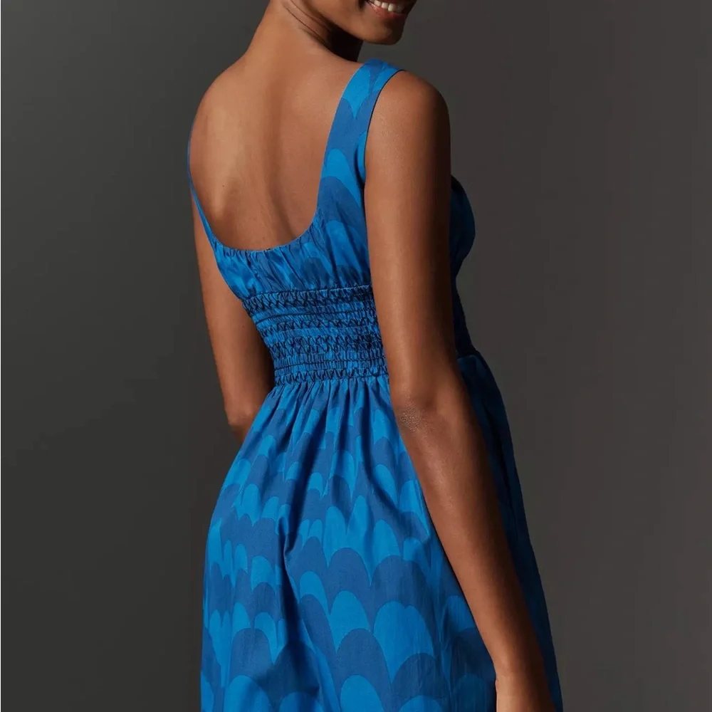 NWT Anthropologie Blue Sleeveless Smocked Square Neck Mini Dress – Size L - Picture 4 of 10